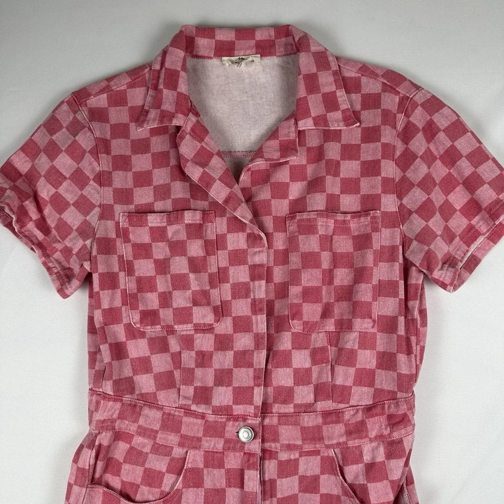 Entro Pink Checkered Romper Size S Button Front Collared Elastic Waist Y2K Retro - Picture 2 of 7